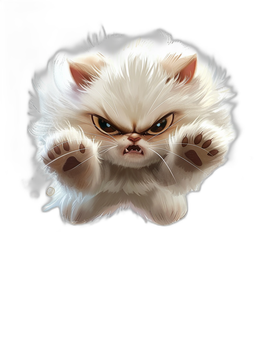 A cute white cat with an angry expression and raised paws about to hit the screen against a black background in the style of a cartoon with a high definition illustration design for games or cartoon character design and animation. The cat has cute, fluffy fur texture with glowing light and shadow effects and bright, exaggerated expressions and movements in a full body portrait.