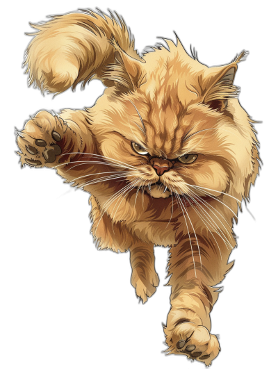 vector design of an angry persian cat jumping on black background, full body, in the art style of j.c Leyendecker