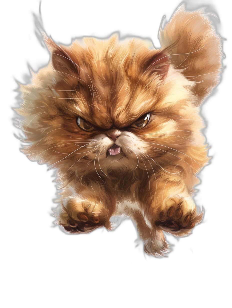 illustration of angry persian cat jumping, black background, fantasy art style, cute, fluffy, digital painting, airbrushing, smooth brushwork, high detail, hyper-realistic, sharp focus, studio lighting,