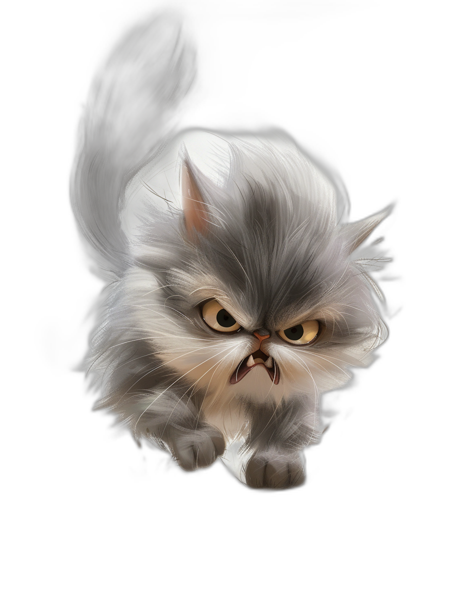 white persian cat, snooty cartoon style, caricature face, photo realistic, black background, running away from camera in the style of the camera.