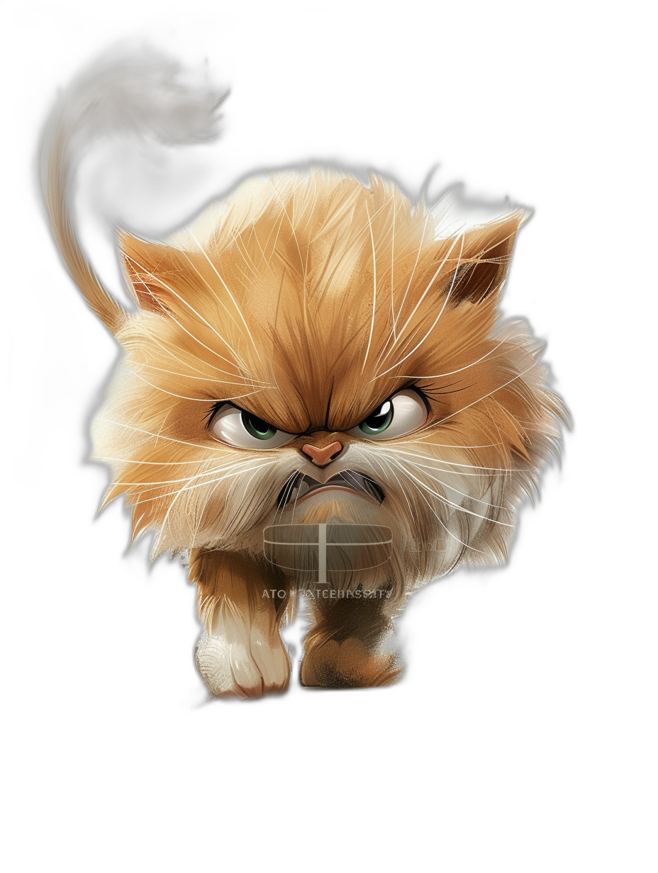 illustration of an angry persian cat, isolated on black background, in the style of [Studio Ghibli](https://goo.gl/search?artist%20Studio%20Ghibli) anime, chibi style, digital art in the style of Pixar and Disney