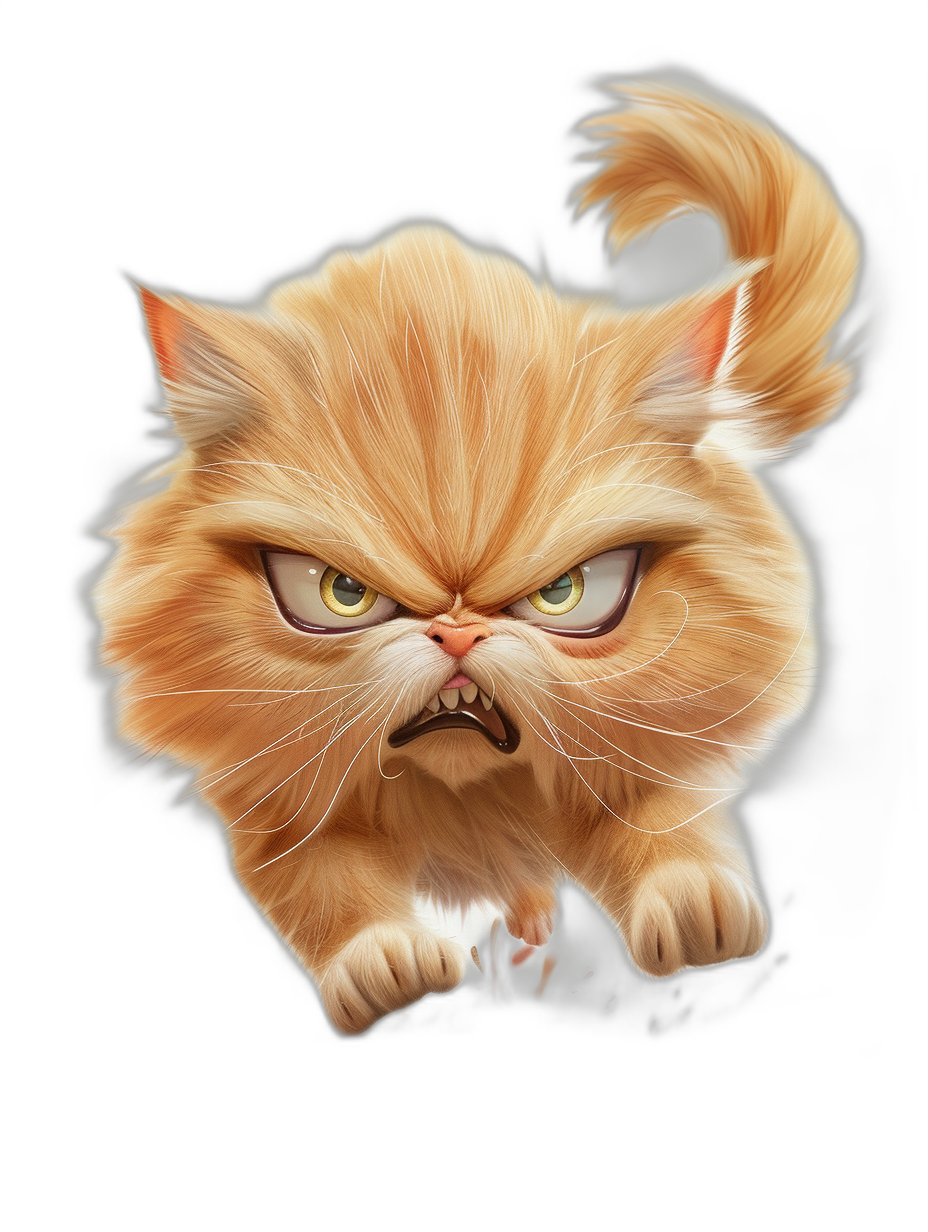 A cute cartoon grumpy orange cat with white fur, snooty face, and angry expression, running away from the camera, in the style of a drawing in the style of [Ralph Steadman](https://goo.gl/search?artist%20Ralph%20Steadman), on a black background.