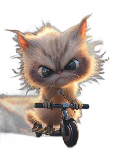 A cute, fluffy cat with an angry expression riding on a scooter in the style of Pixar, with a black background, 3D rendering, and high-definition details. The illustration was created using digital painting techniques.