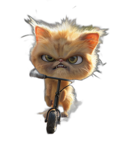 3D render of a cute and funny cat riding on a scooter with an angry facial expression, on a black background, in the style of Pixar.