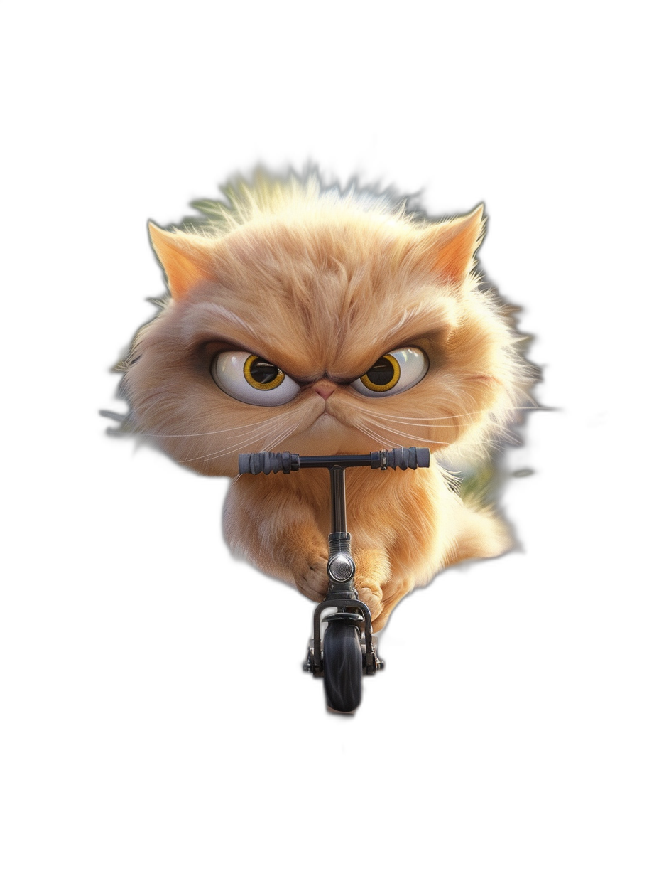 A cute Persian cat with an angry face riding on a scooter, 3D render, black background, in the style of Pixar.