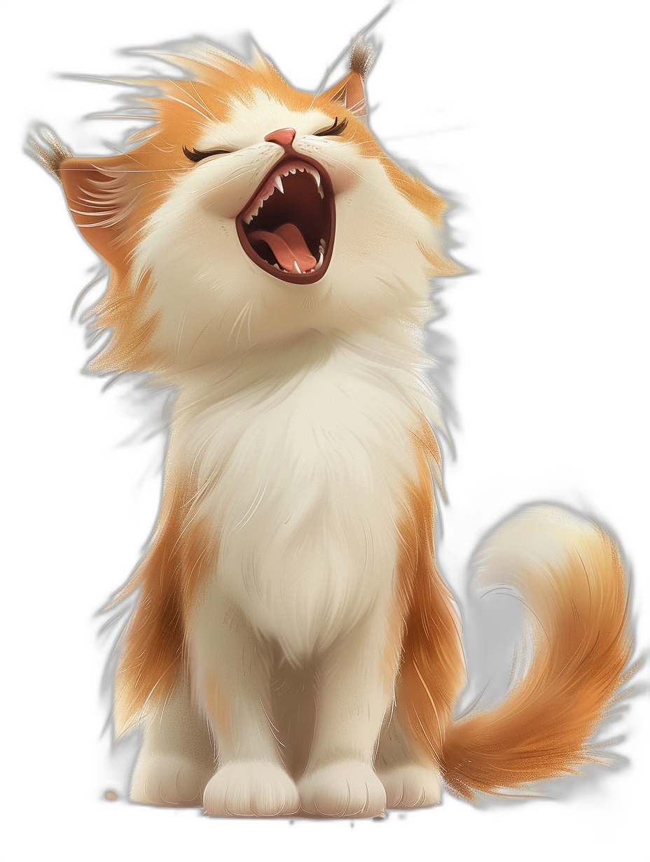 A cute cat is roaring, with white and orange fur on its body, standing upright like an anthropomorphic character in the style of Disney animation. It has long hair around its neck, a black background, and no other elements present. The cartoon illustration features a full-body portrait of a chubby kitten with exaggerated expressions, presenting high-definition details.