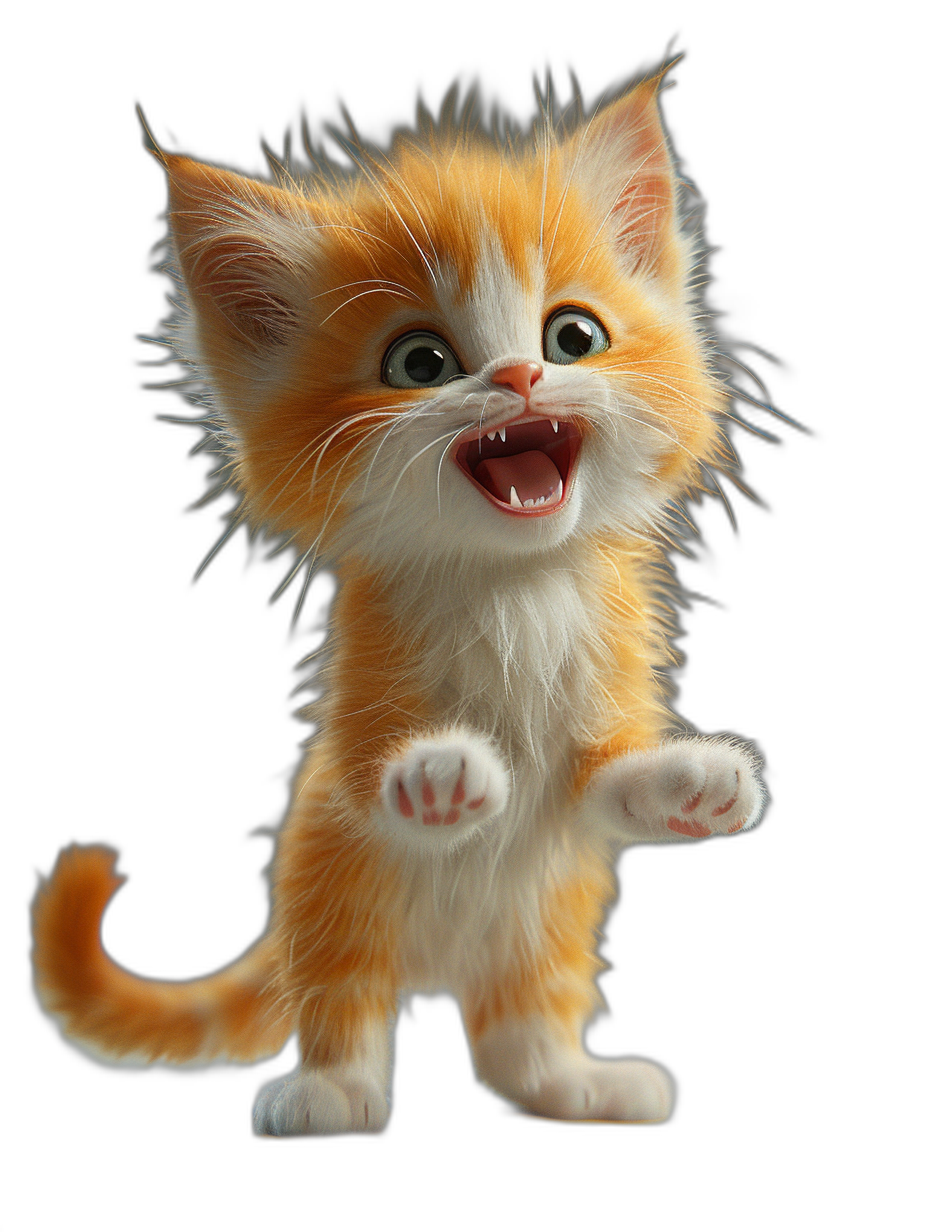 3D render of a cute happy orange and white kitten jumping up with its mouth open on a black background. The kitten has fluffy fur and was sculpted in the style of Pixar with zBrush. It has shiny eyes, cute little hands, high resolution, and high details. The kitten is in sharp focus under studio lighting with octane rendering.