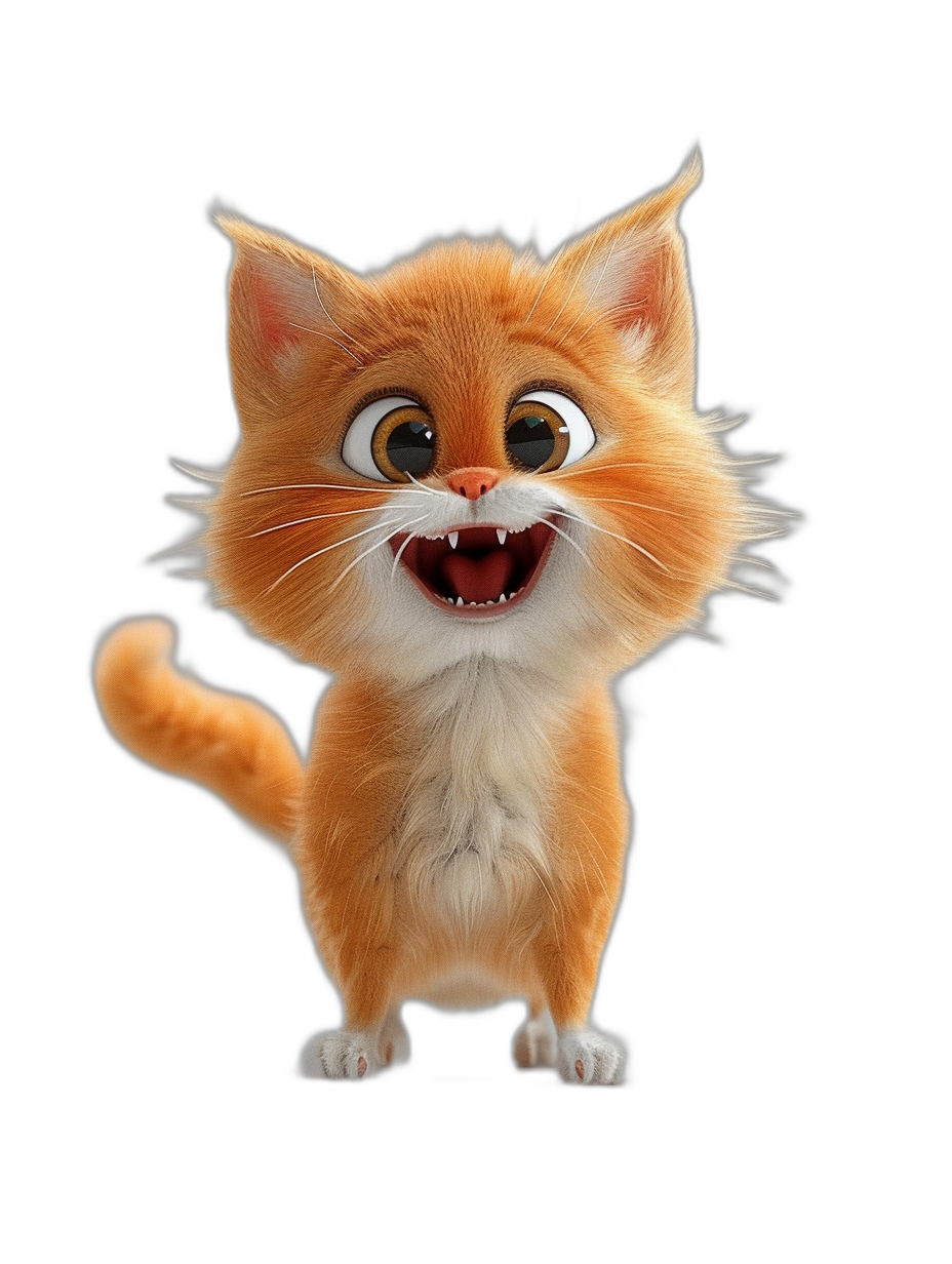 3D cartoon, happy smiling orange cat with white belly and brown eyes standing on a black background, in the style of Pixar, adorable eyes, lovely, very detailed photo, high definition, cute tail, paws, long hair