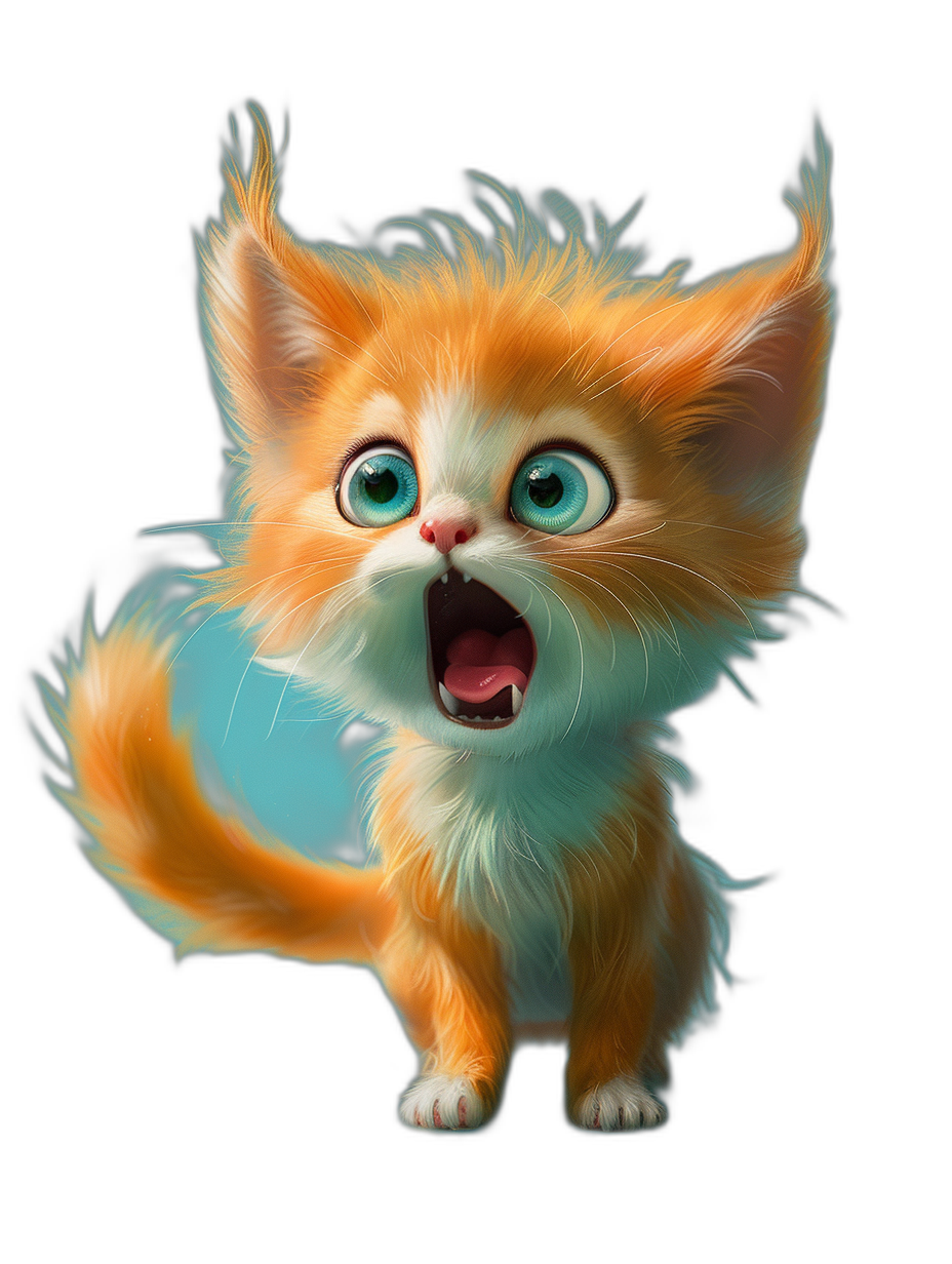 A cute orange and white kitten, in a cartoon style, with blue eyes, its mouth open in a yawn with its pink tongue sticking out from the front of its face, on a black background, with detailed fur texture, in the style of Pixar, with a cute character design, rendered in zbrush.