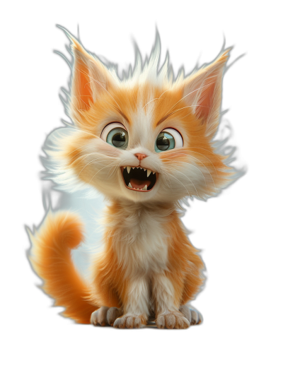 A cute orange and white kitten with fluffy hair, smiling and showing its teeth in the style of Pixar character design, on a black background, in a full body shot, fantasy art style.