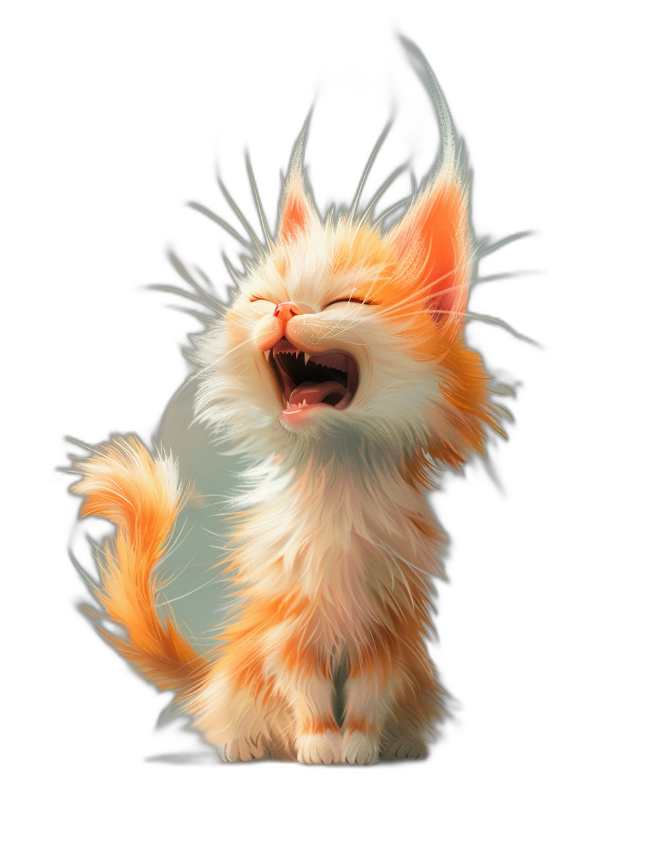 A cute happy cat in the style of Disney, with happy laughter and an open mouth, as a cute pet illustration against a black background with fluffy fur texture in a digital painting with bright colors, high resolution, no shadows on the ground in the style of Pixar with detailed rendering in high definition and high quality.