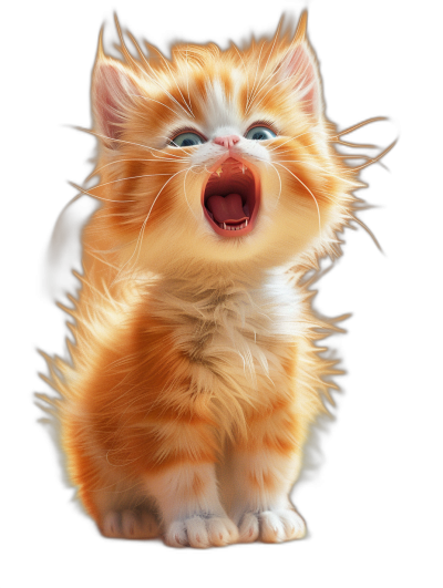 digital art of cute kitten , fluffy, funny happy face , meowing with open mouth , black background , light from the side