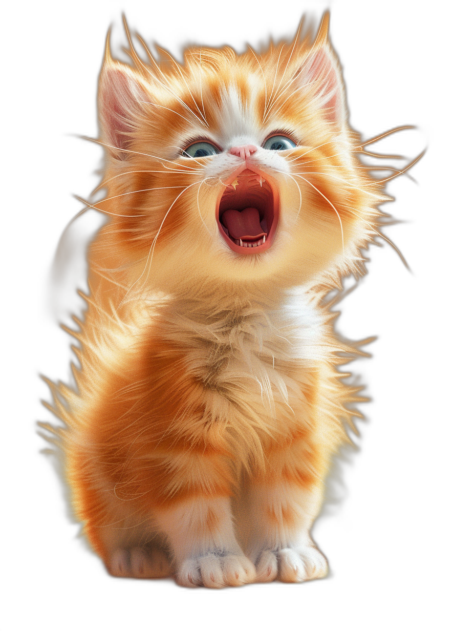 digital art of cute kitten , fluffy, funny happy face , meowing with open mouth , black background , light from the side