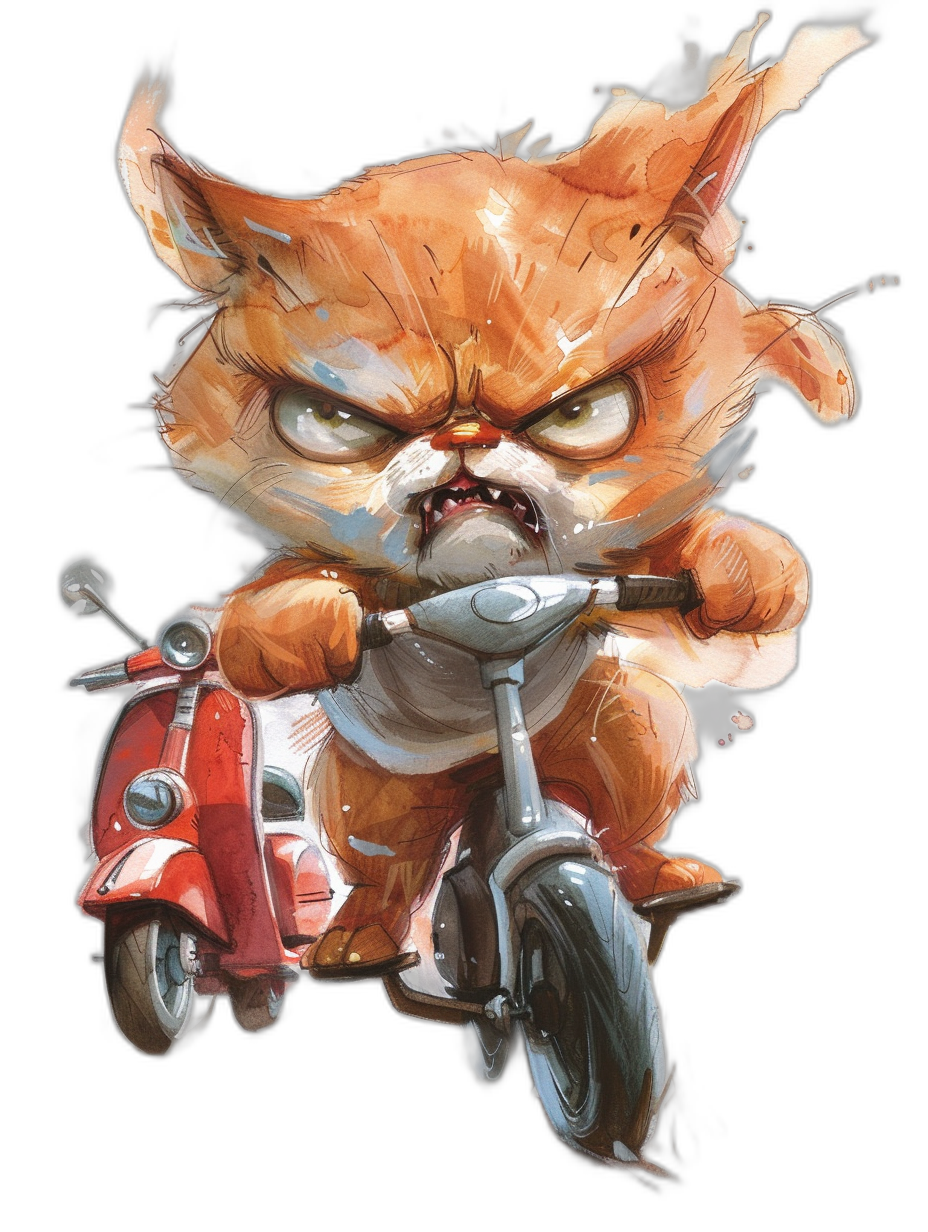 angry, cute cat riding moped, in the style of [Robert Munsch](https://goo.gl/search?artist%20Robert%20Munsch) and [Artgerm](https://goo.gl/search?artist%20Artgerm), Disney style cartoon illustration of an angry ginger kitten with white belly, big eyes, paws on handlebar. Concept art, black background, red scooter.