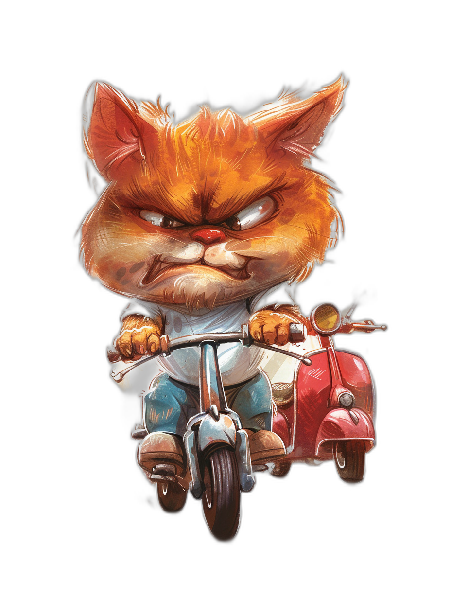 grumpy orange cat with short hair and white t-shirt riding on red vespa, vector illustration, in the style of Pixar, cartoon style, black background, T-Shirt design graphic