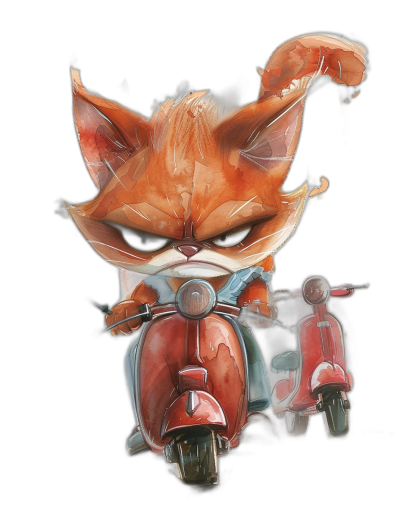 A cute red fox with an angry expression rides on the front of a Vespa, in a cartoon style, on a black background, in the watercolor style, as digital art, with a simple design, as a cute character illustration, showing fantasy and imagination, with high resolution, detailed, and in sharp focus.