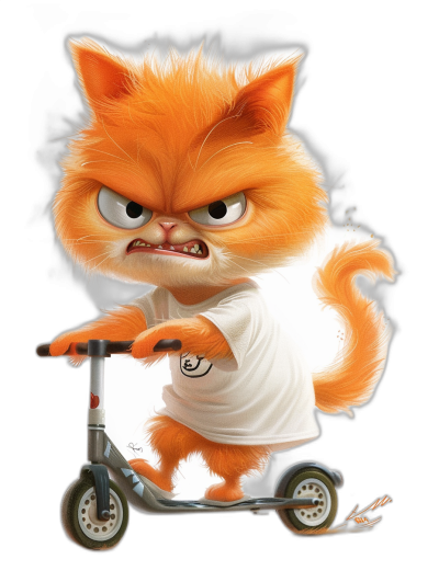 grumpy orange cat with white t-shirt on scooter, in the style of Pixar, cartoon character concept art, black background