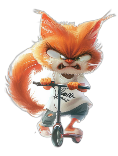 grumpy orange cat cartoon character wearing a white t-shirt and blue shorts, riding a scooter on a black background, in the style of Mike W exterior. caricature, hyper detailed, digital painting in the distinctive styles of [Artgerm](https://goo.gl/search?artist%20Artgerm) and greg c.