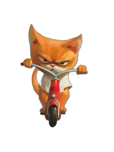 A cute cartoonish orange cat with a grumpy expression, wearing a white shirt and riding a red scooter on a black background, digital art in the style of Pixar, in the dreamworks animation studio style.