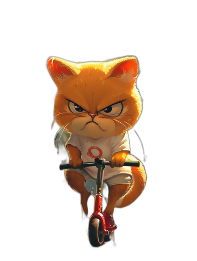 Character design of an angry orange cat wearing a white t-shirt with a red number "8", riding a small bicycle in the cartoon style, simple black background, digital art in the style of [Artgerm](https://goo.gl/search?artist%20Artgerm) and [Atey Ghailan](https://goo.gl/search?artist%20Atey%20Ghailan) and M lights out illustration