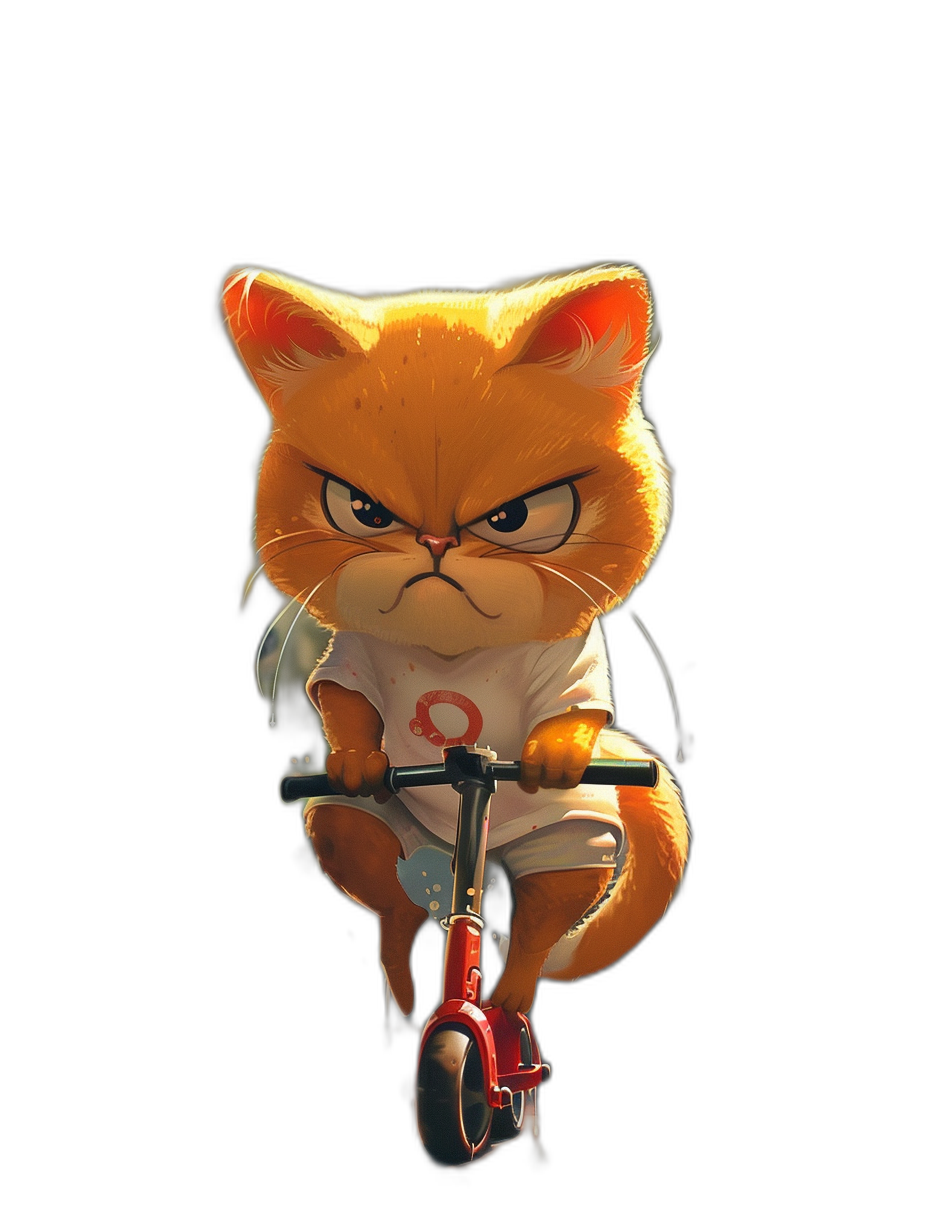 Character design of an angry orange cat wearing a white t-shirt with a red number “8”, riding a small bicycle in the cartoon style, simple black background, digital art in the style of [Artgerm](https://goo.gl/search?artist%20Artgerm) and [Atey Ghailan](https://goo.gl/search?artist%20Atey%20Ghailan) and M lights out illustration