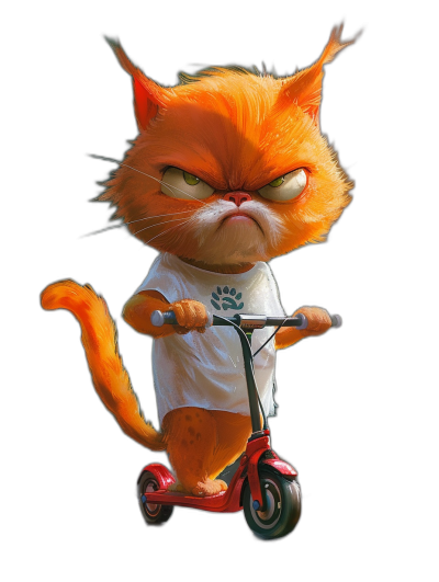 A red cat wearing a white t-shirt with paws on the handlebar riding a scooter, with an angry face, on a black background, in the style of Pixar.