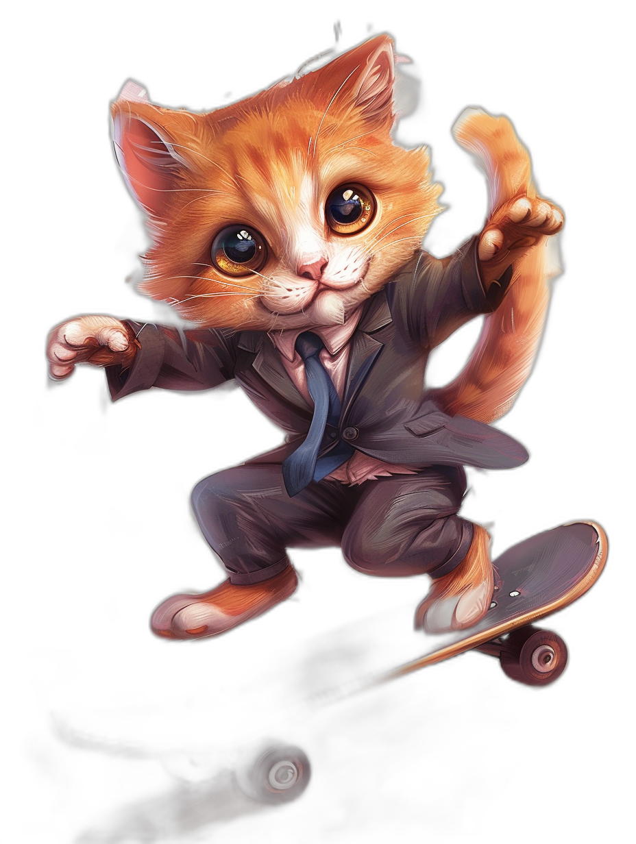 A cute orange cat in a suit and tie, riding on a skateboard, in the cartoon style, on a black background, digital art in the style of [Kawacy](https://goo.gl/search?artist%20Kawacy), cute character design, 2D game art, full body shot