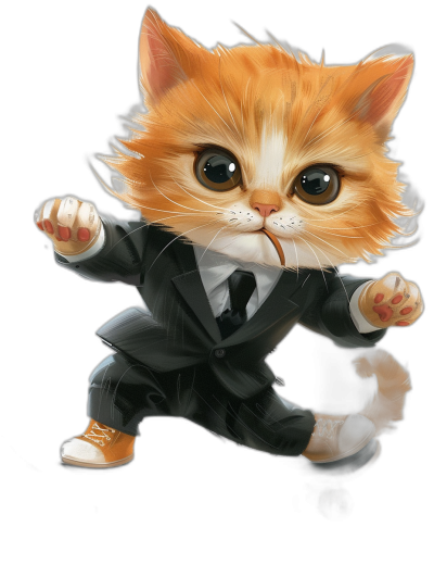 Cute cat in a suit in a kung fu pose in the cartoon style on a black background in a full body shot. A cute pet avatar with bright eyes and ginger fur dressed in formal attire, wearing shoes on its feet in a jumping or running action, focusing on the character's face. The illustration is created using digital art techniques to create high-definition details in the style of digital art.