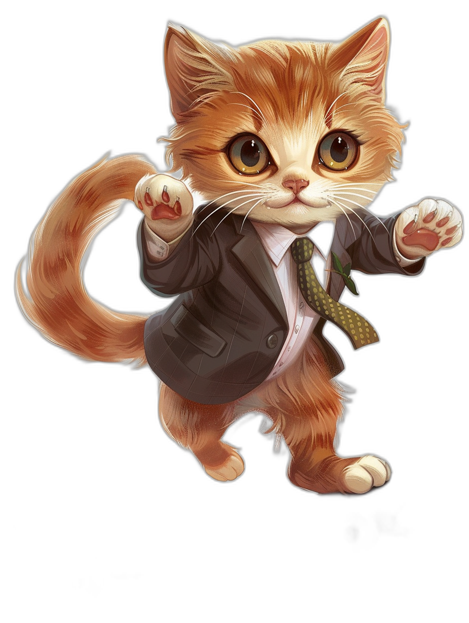 Super cute anthropomorphic smiling ginger cat in a suit dancing, in the style of [Jean-Baptiste Monge](https://goo.gl/search?artist%20Jean-Baptiste%20Monge), full body portrait, high resolution anime style on a black background, high details, smooth and shiny, soft lighting, illustration, digital art, fantasy.