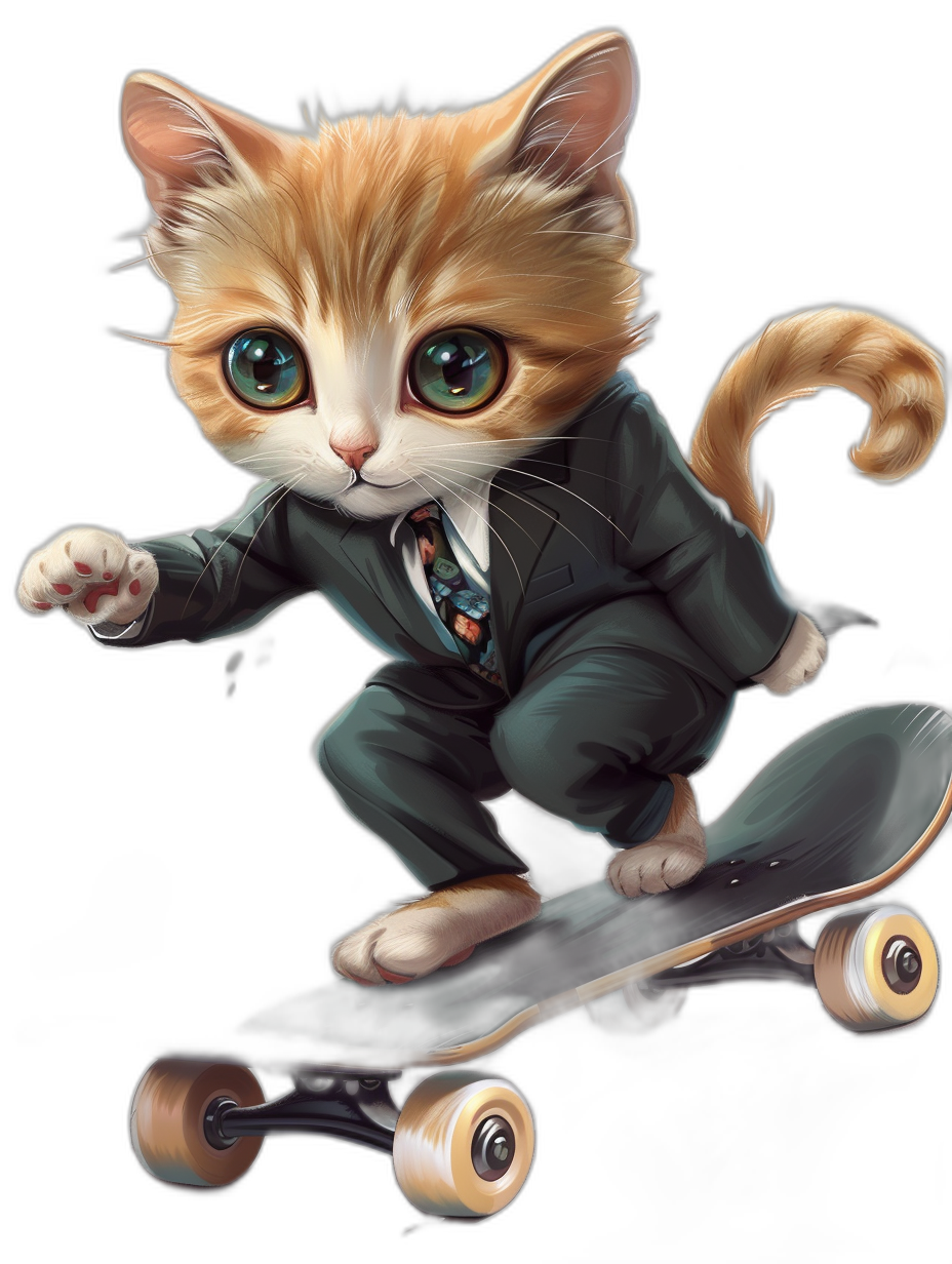 Cute cartoon cat in suit riding on skateboard, black background, hyper realistic oil painting, anime style