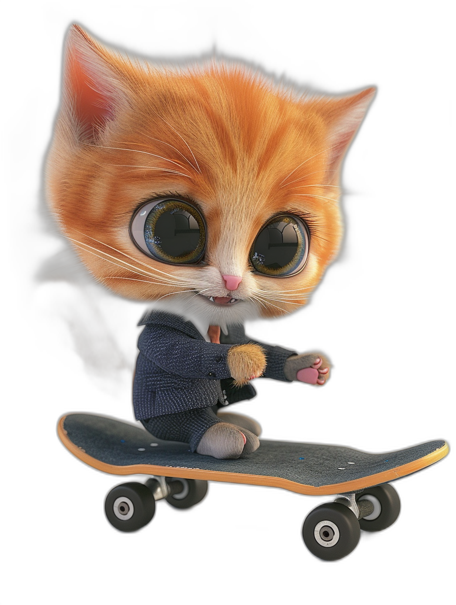 3D epic render of a cute ginger cat riding on a skateboard wearing a sweater with two big eyes on an isolated black background, presented as high resolution photography in the style of super realistic art.