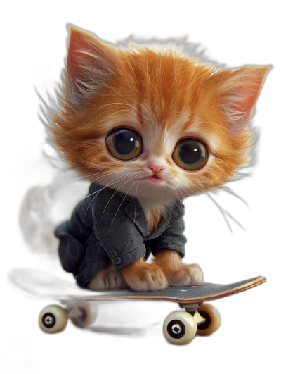 digital art of cute kitten , wear suit, skating on skateboard black background , big eyes and lovely expression