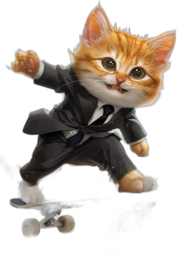 digital art of cute kitten , wear suit, skating on skateboard black background, high quality details