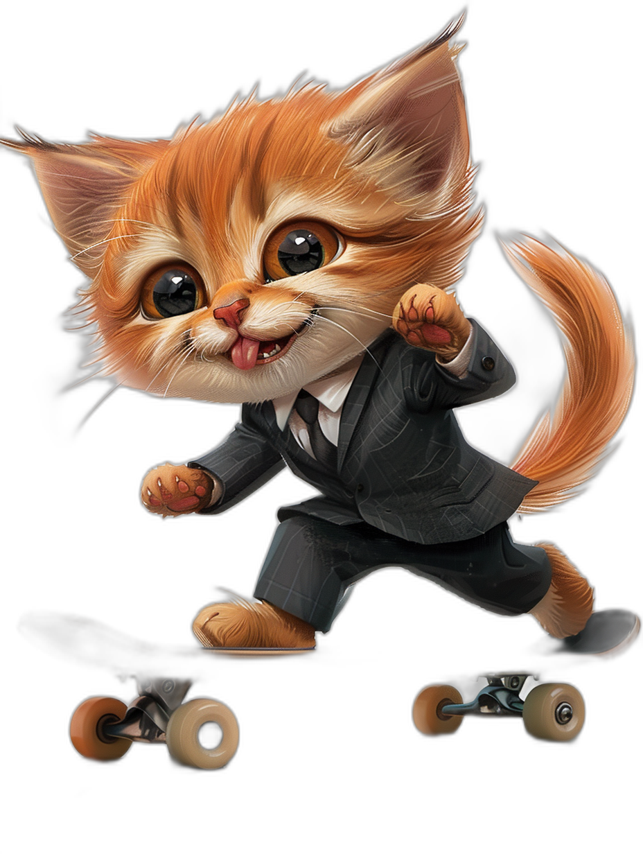 Cute cartoon cat in suit riding skateboard, black background, hyper realistic game item artstation digital painting portrait character design