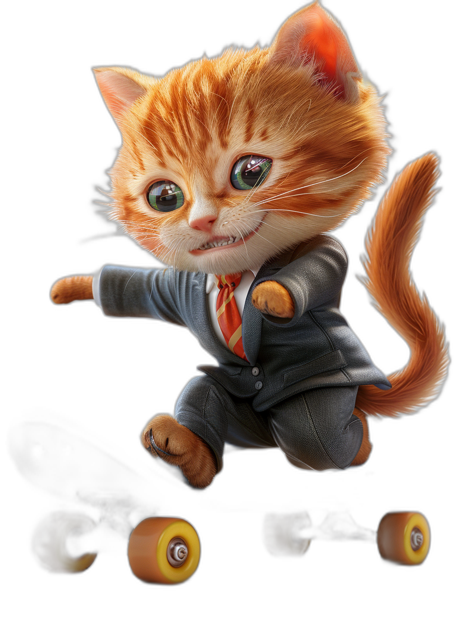 3D render of a cute orange cat in a suit and tie riding on roller skates, with big eyes, on a black background, in a cute cartoon character design, digital art in the style of Pixar studio, adorable