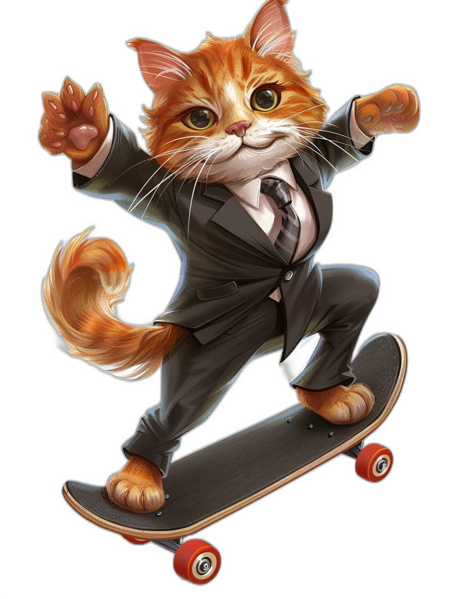 illustration of orange cat in suit and tie, riding on skateboard , vector art style, black background, cute cartoon design, high resolution, high detail, digital airbrushing, high definition