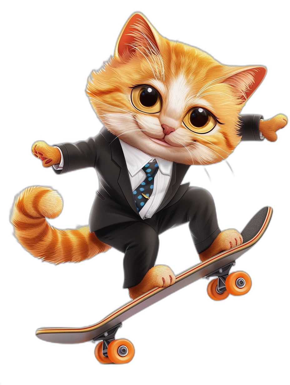 digital art of a cute kitten, wearing a suit and tie, riding a skateboard, against a black background, with a big head and small body, in the style of an anime or cartoon character.