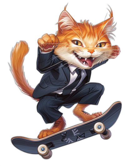 A cartoon cat in a suit, riding on a skateboard, smiling and showing its teeth, full body, against a black background, in the vector art style, with cool colors, high contrast, high resolution, high detail, high quality, in the style of hyper realistic, hyper detailed, high definition, high sharpness, in the style of hyper photorealistic, hyper realism, hyper detail, hyper color grading, hyper texture, hyper shading, hyper design effect, hyper sharp focus, hyper detail, hyper shading, hyper details, high octane render.