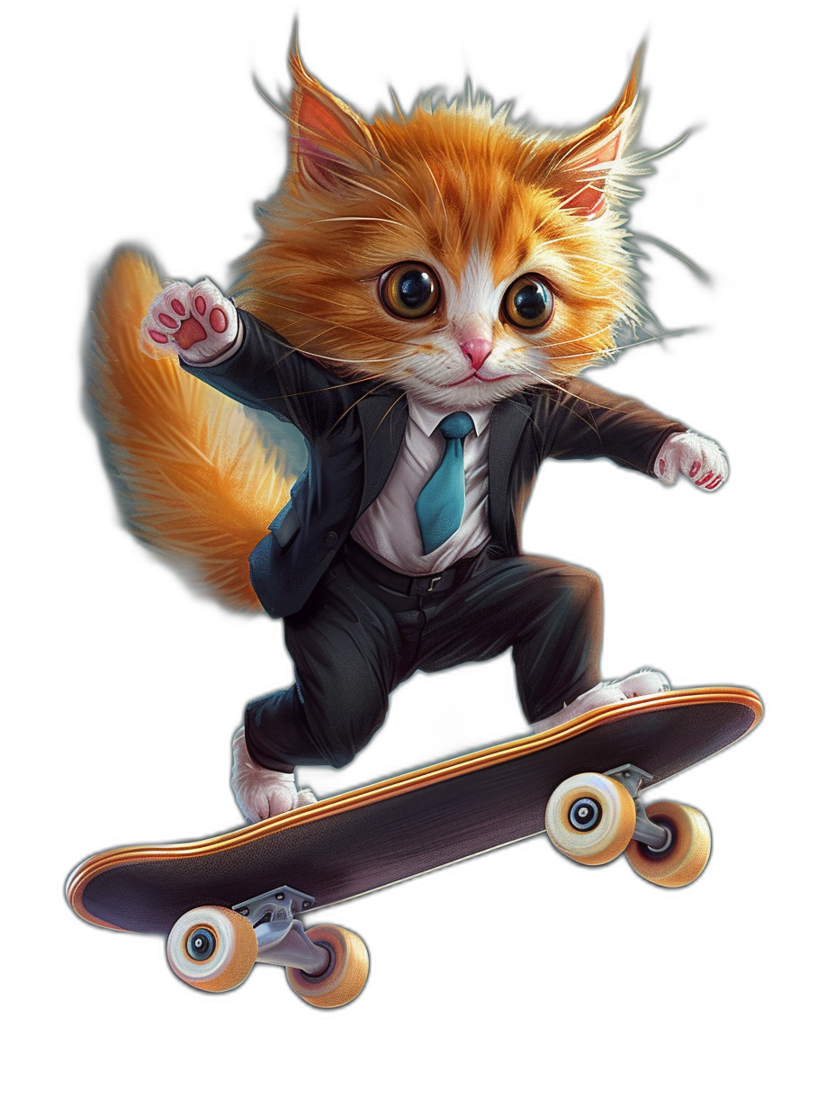 a ginger cat in suit and tie riding on top of skateboard, cartoon style, vector design, black background, high resolution, highly detailed, cute kitten character