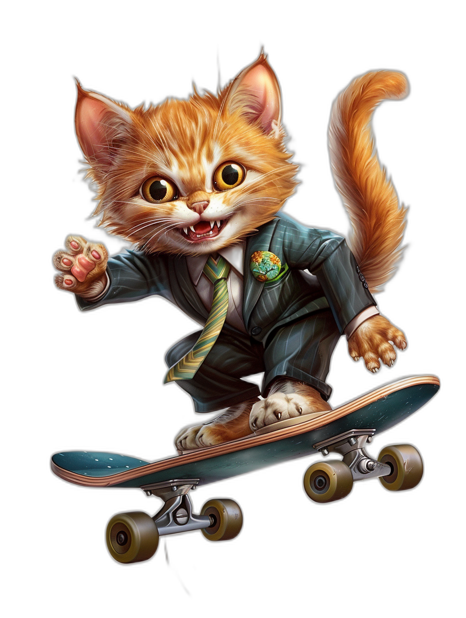 A cute ginger cat in a suit and tie riding on a skateboard, in the vector illustration style with a black background, as a t-shirt design graphic, with ultra detail, at a high resolution.