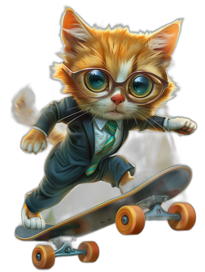 digital art of cute kitten , wear sunglasses and suit, skating on skateboard with black background , big head and body small tail, light color hair