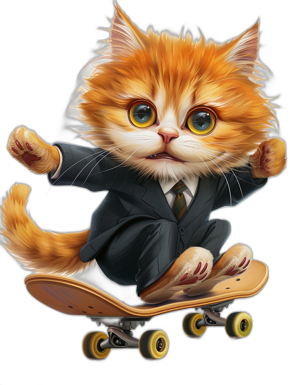 Cute orange cat in a suit riding on a skateboard, big eyes, lovely style, pure black background, detailed facial features, colorful cartoon characters, front view, full body portrait, high definition wallpaper, cute pet illustration in the style of cartoon characters.