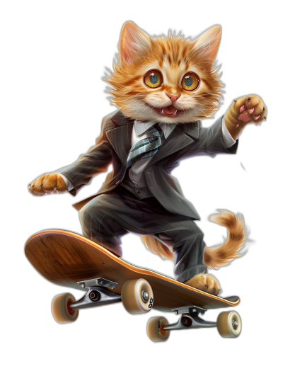 digital art of a cute kitten, wearing a suit and tie, riding on a skateboard, against a black background, with a big head, small body and hands, in the style of an anime or cartoon character.