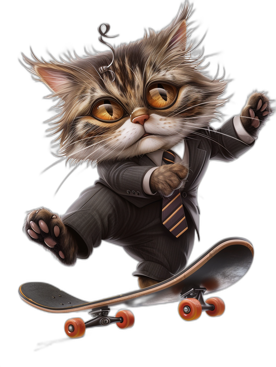 t-shirt design, Character concept of A cute happy fluffy furry baby cat in a suit and tie riding on a skateboard with big eyes in the style of [Tiago Hoisel](https://goo.gl/search?artist%20Tiago%20Hoisel), caricature-like, playful caricature, high resolution photo print style, isolated black background