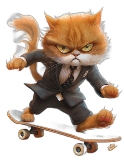 Character design of an orange cat in a business suit and tie, riding on a skateboard in the style of [Tiago Hoisel](https://goo.gl/search?artist%20Tiago%20Hoisel), in a caricature-like, playful style.