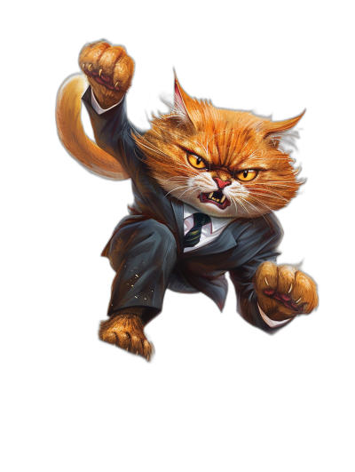 An angry ginger cat in a business suit jumping towards the viewer, black background, fantasy style art in the style of [Frank Cho](https://goo.gl/search?artist%20Frank%20Cho) and in the style of [Greg Rutkowski](https://goo.gl/search?artist%20Greg%20Rutkowski).