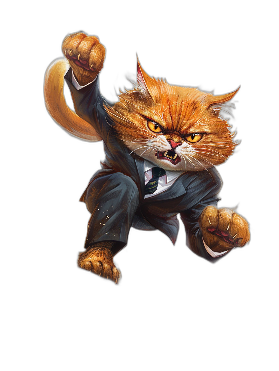 An angry ginger cat in a business suit jumping towards the viewer, black background, fantasy style art in the style of [Frank Cho](https://goo.gl/search?artist%20Frank%20Cho) and in the style of [Greg Rutkowski](https://goo.gl/search?artist%20Greg%20Rutkowski).