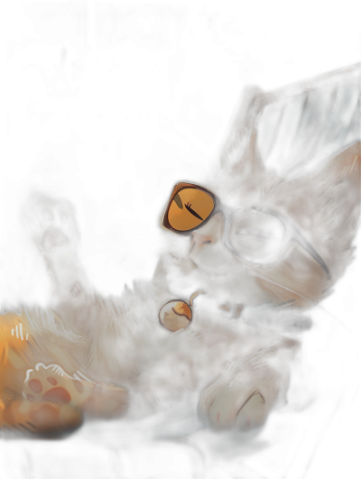 digital art of an adorable cat wearing glasses, laying down and sleeping on the dark background, digital painting in the style of warm color palette with some orange highlights, high contrast, low light