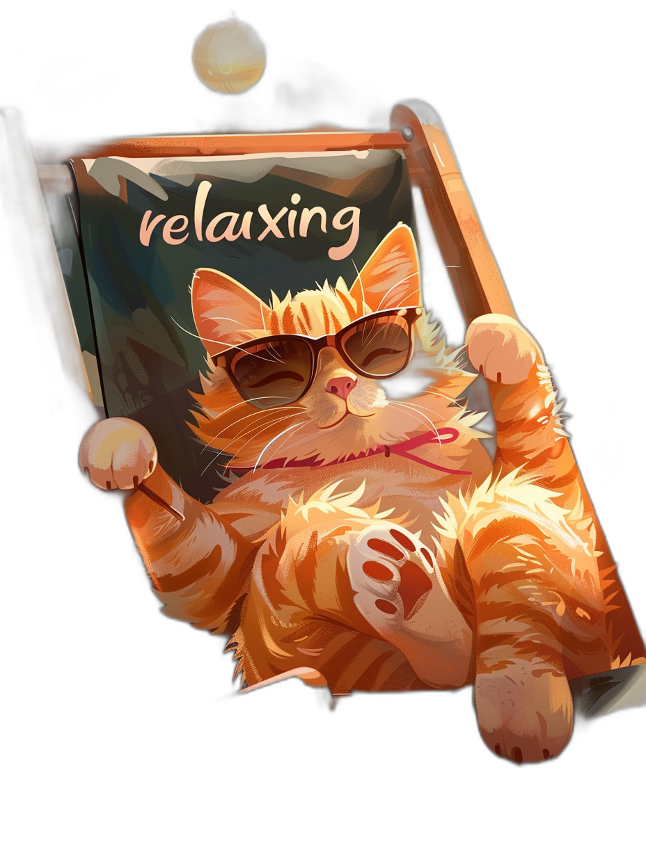 digital art of a cute and fat orange cat wearing sunglasses, holding a beach chair with the word “relaxing” on it, in the cartoon style, a digital painting, vector illustration, black background, low detail, warm color tone