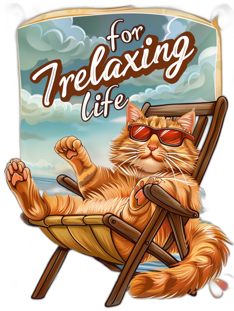 A cartoon illustration of an orange cat relaxing in beach chair with sunglasses on, text “relaxing life” , t-shirt design graphic, ultra detailed, isolated on black background